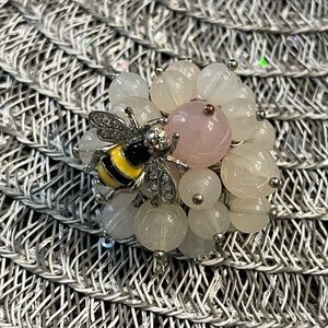Elegant Silver and Pink/White Stretchable Bee Ring